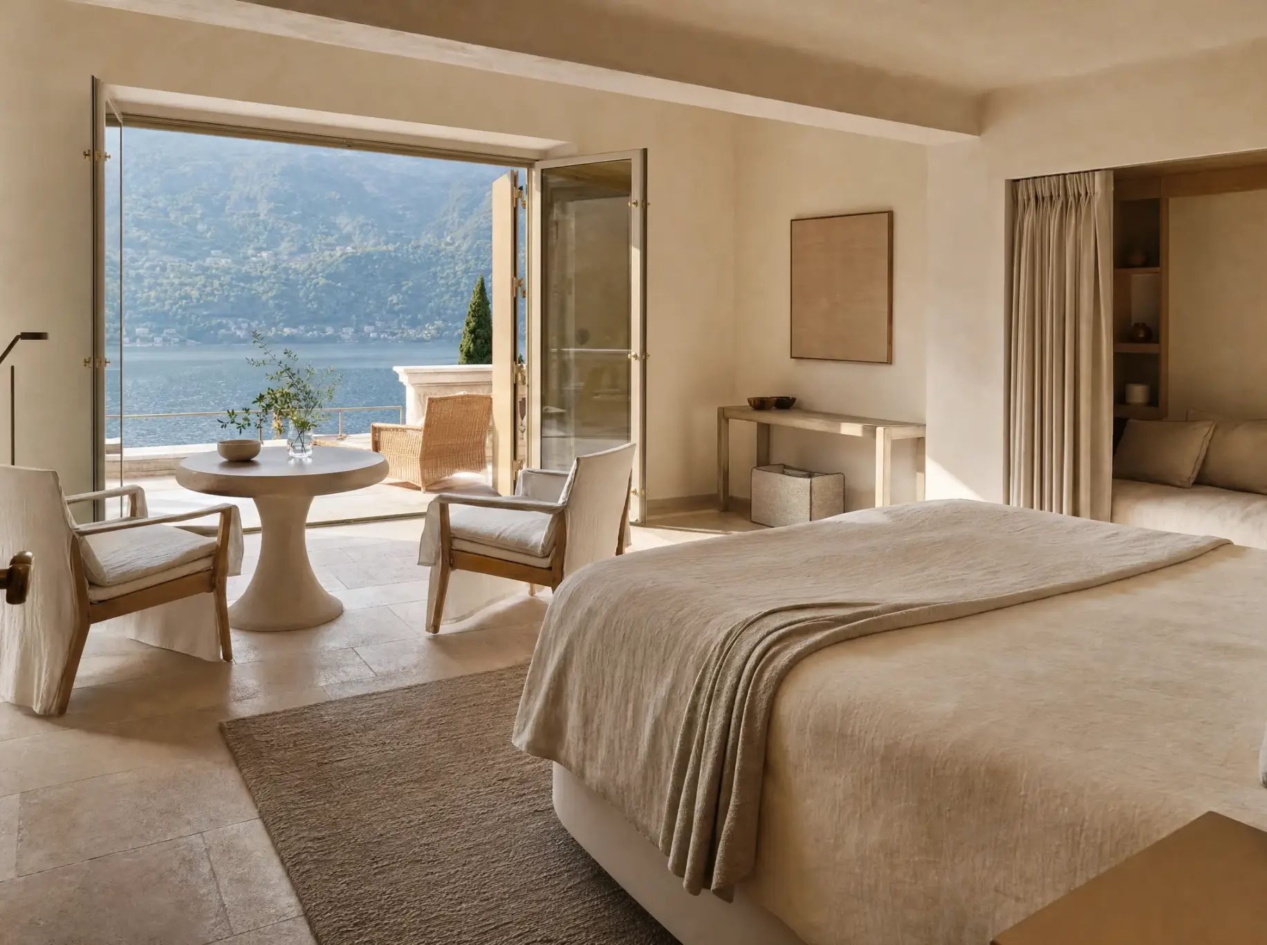 Suite con porte aperte sulla terrazza e tavolo affacciato sul lago
