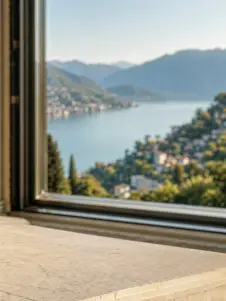 Il lago e i monti visti dalla finestra aperta