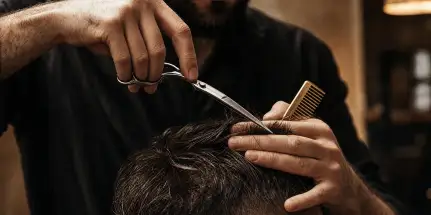 Le forbici e il pettine al lavoro sulla testa di un cliente