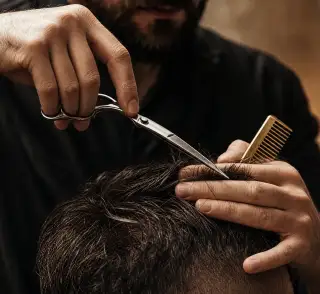 Le forbici e il pettine al lavoro sulla testa di un cliente