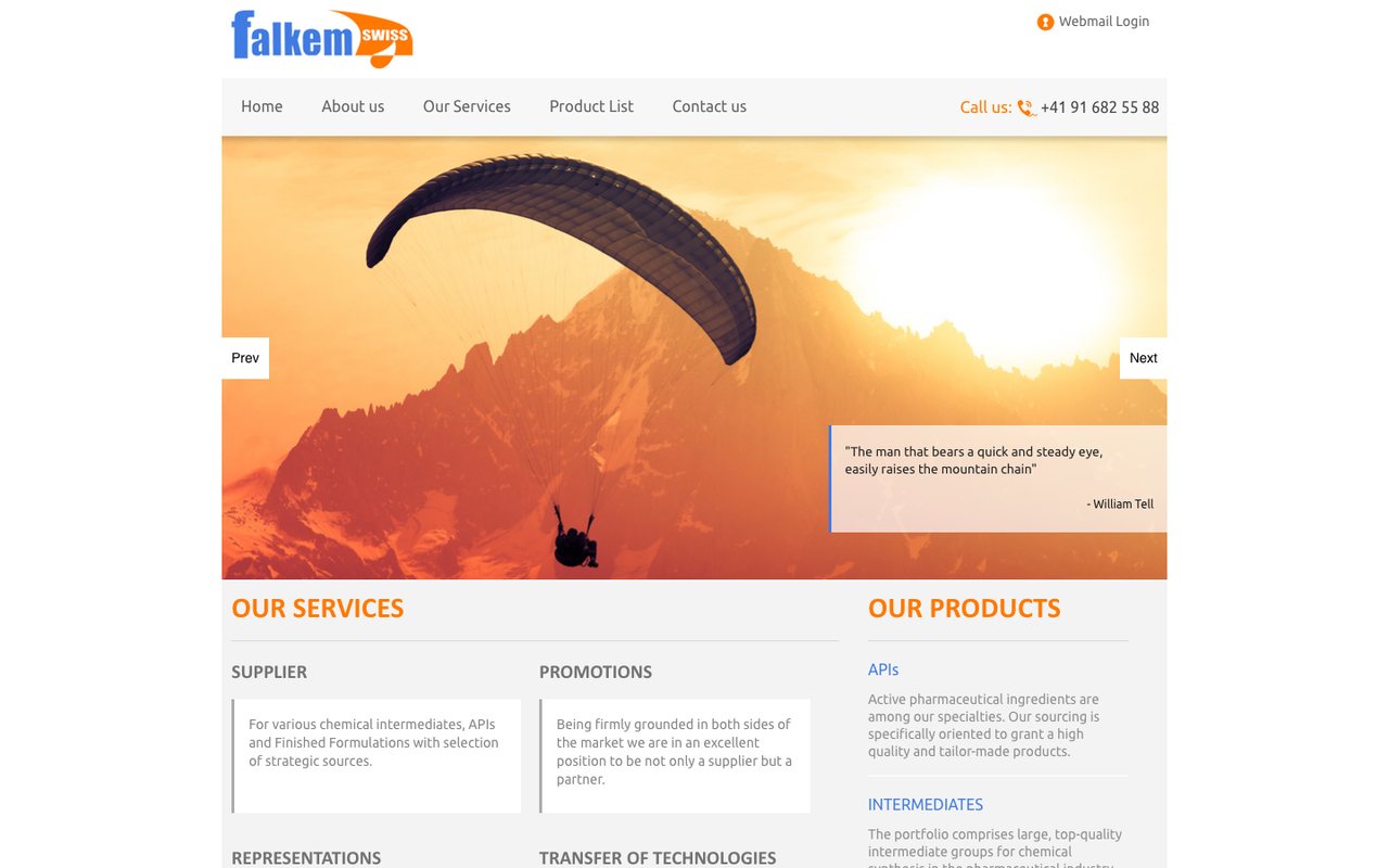 Il sito Falkem Swiss del 2017: home page con testo fitto e impaginazione datata.