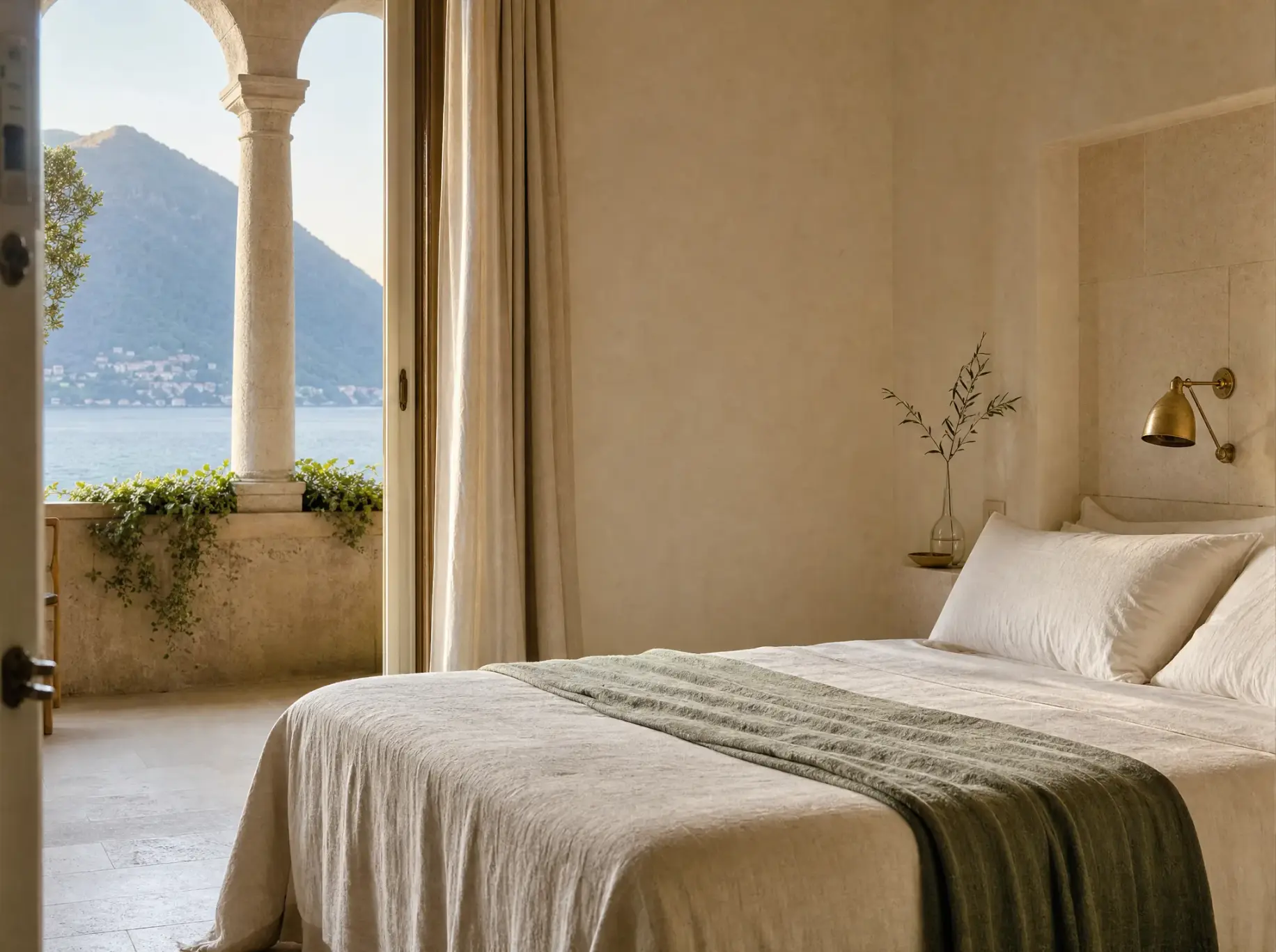 Letto in lino chiaro davanti alla loggia ad arco affacciata sul lago