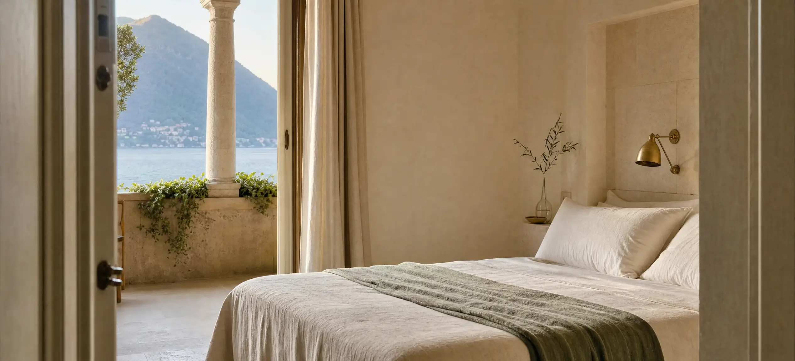Letto in lino chiaro davanti alla loggia ad arco affacciata sul lago