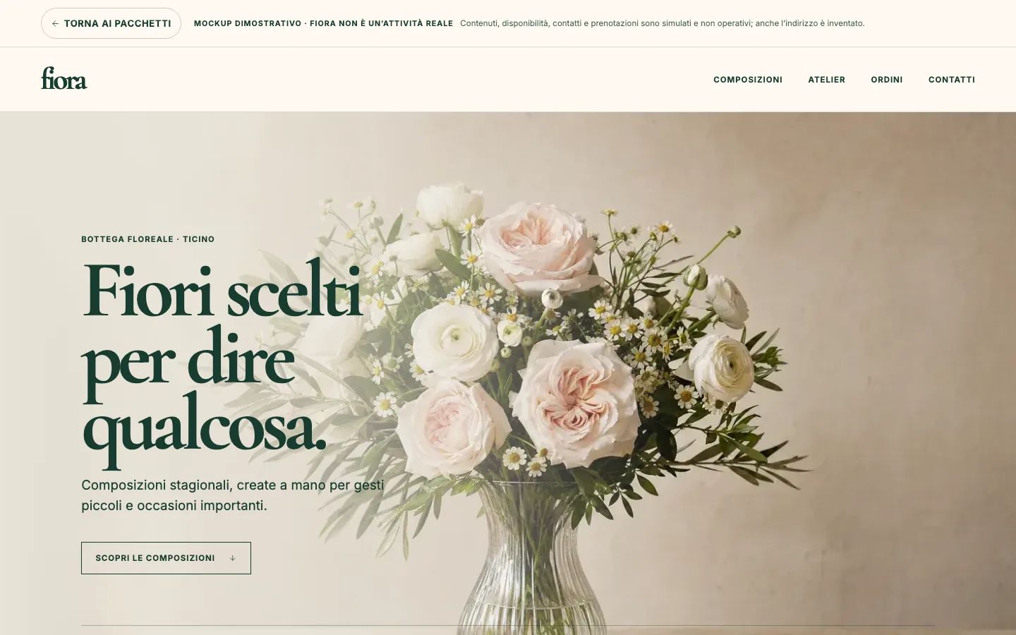 Anteprima del sito dimostrativo Fiora, una bottega floreale contemporanea.