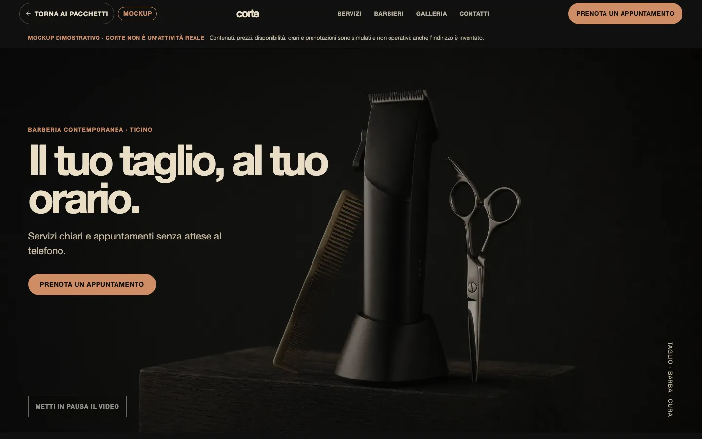 Anteprima del sito dimostrativo Corte, una barberia con prenotazione simulata.