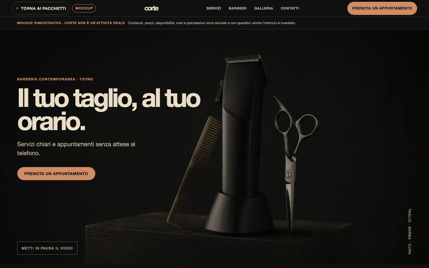 Anteprima del sito dimostrativo Corte, una barberia con prenotazione simulata.