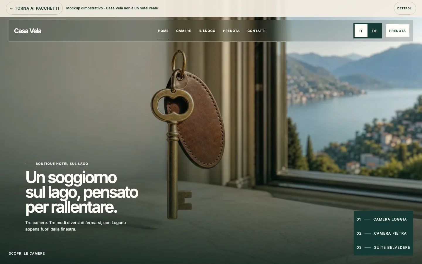 Anteprima del sito dimostrativo Casa Vela, un boutique hotel bilingue.